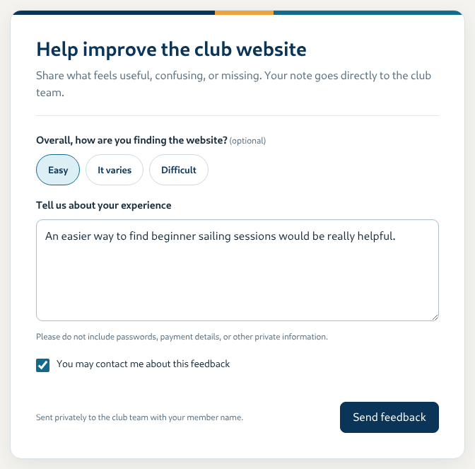 Example My Zone Feedback form with an optional rating and message field.