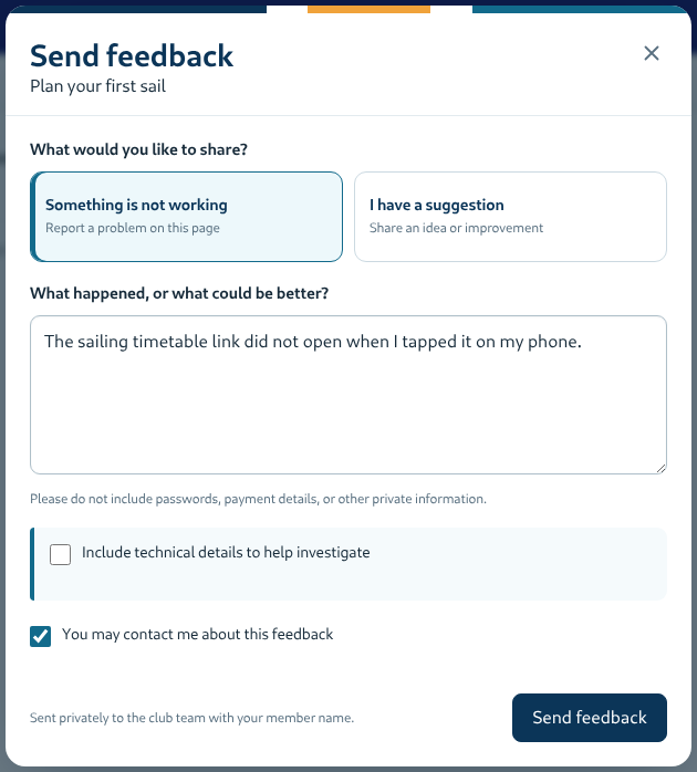 Example page feedback dialog with the problem option and message field.