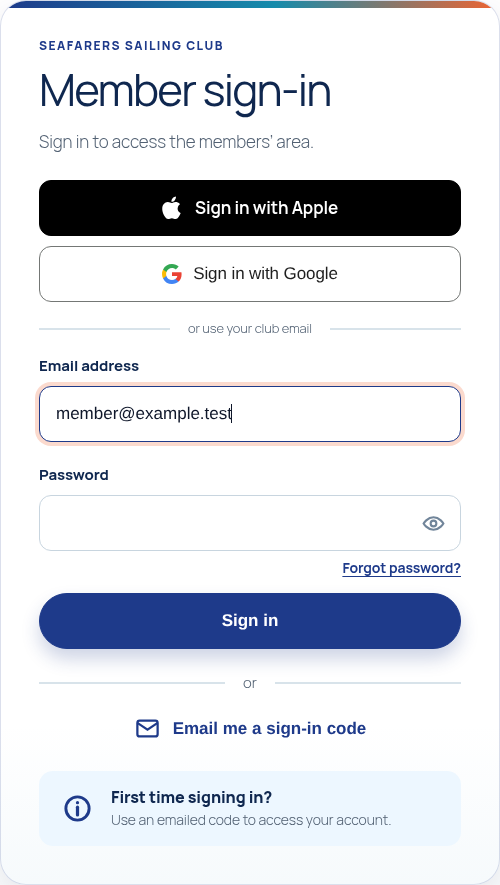 Example sign-in form showing Apple, Google, email, password and the emailed sign-in code option.
